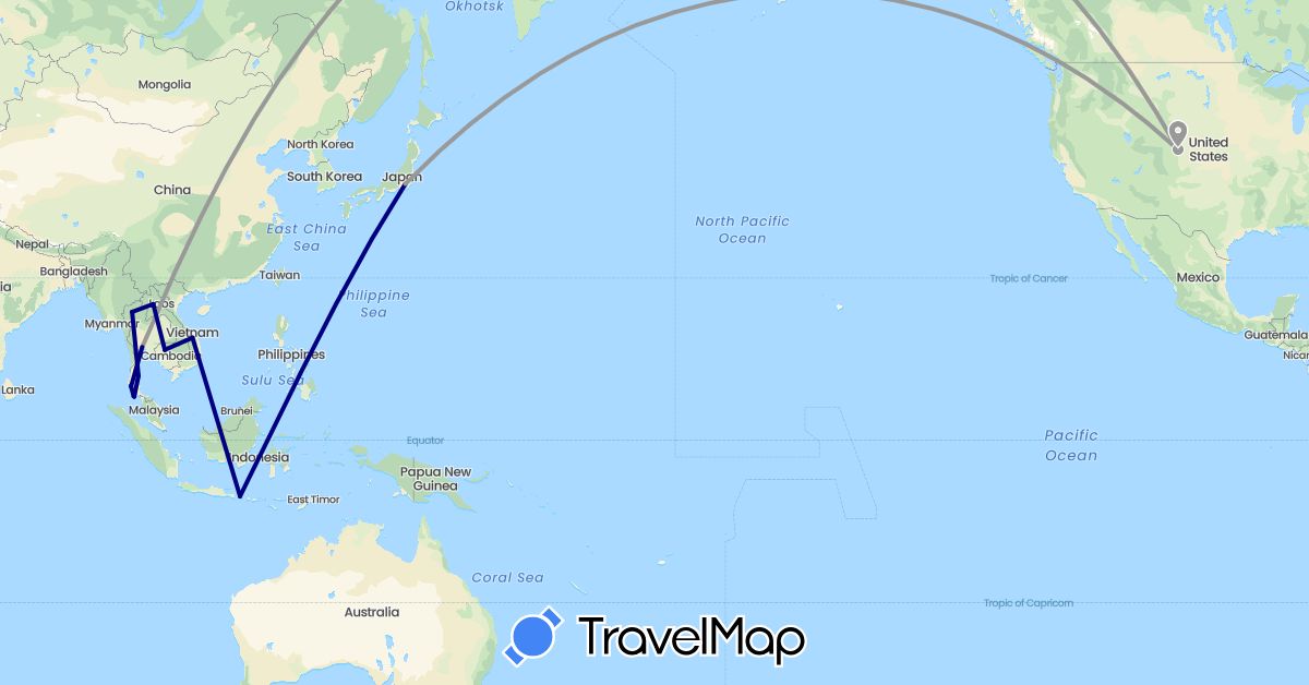 TravelMap itinerary: driving, plane in Indonesia, Japan, Cambodia, Laos, Thailand, United States, Vietnam (Asia, North America)